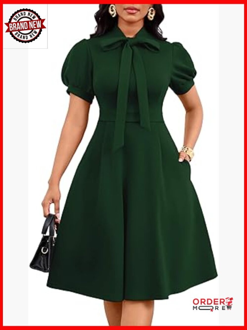 Midi Dress Puff Sleeve Tie Neck Fit and Flare Semi-Formal Cocktail Dress